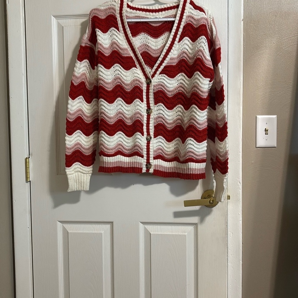 Maurices Red and White Chevron Cardigan Sweater